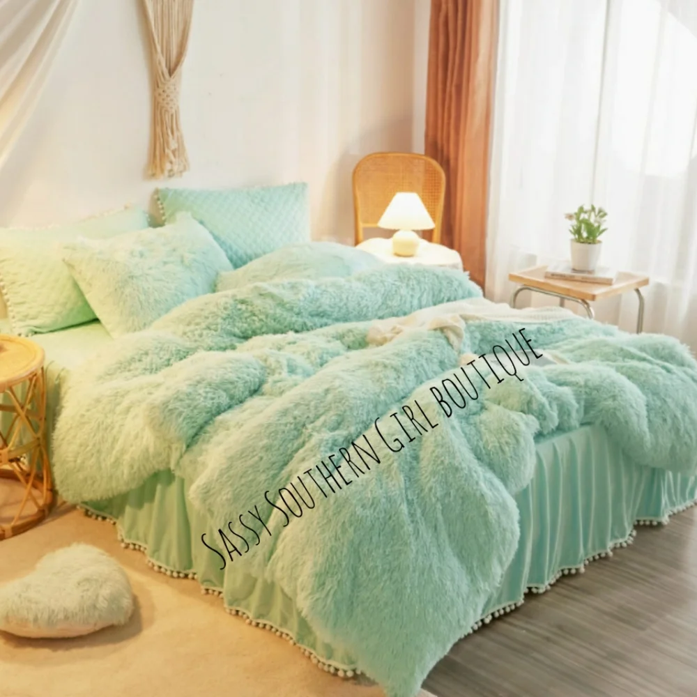 🆕⭐Mint green Aqua shaggy duvet cover set